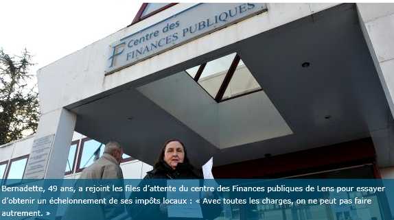 Ils sont une petite dizaine � attendre l�ouverture du rideau de fer du centre des imp�ts de Lens. Avec une r�gularit� de coucou suisse, le rideau s�ouvre en grin�ant � 8 h 30 et 13 h 30, du lundi au vendredi. Cette fois, ils sont une petite dizaine � poireauter dans le froid. � quelques jours de la derni�re �ch�ance pour r�gler la taxe d�habitation, Bernadette, 49 ans, de Sallaumines se pr�pare � n�gocier, cette ann�e encore, un d�lai pour payer ses imp�ts locaux. " Je verse ce que je peux. 
