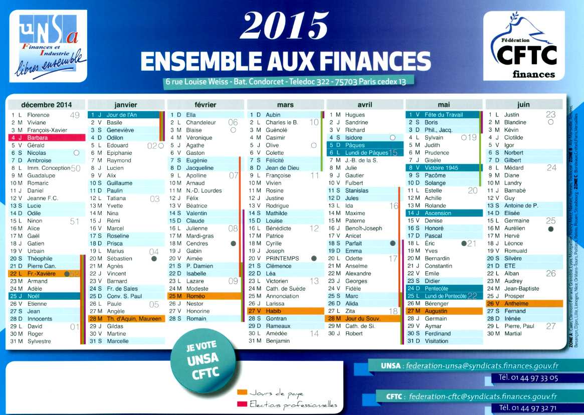Les calendriers de l'ann�e 2015 sont disponibles.